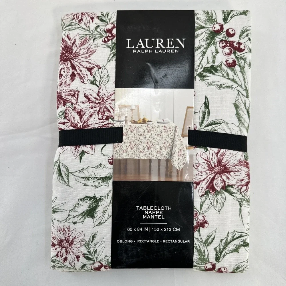 Lauren Ralph Lauren Tablecloth Holly Mistletoe Red Poinsettia Christmas 60 x 84